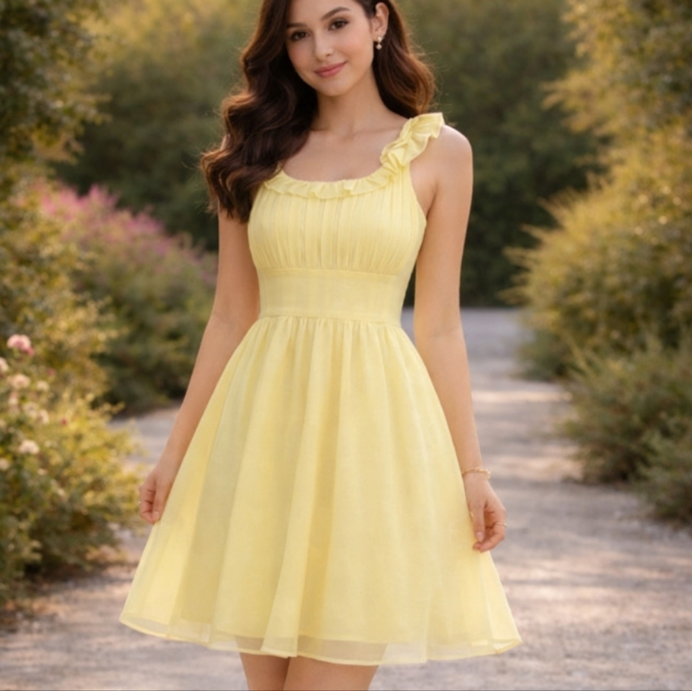 Vintage | Shadow Line | Soft Yellow Frilled Chiffon Dress Ruffled Straps
